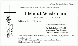 Todesanzeige Helmut Wiedemann