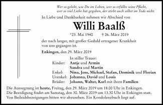 Todesanzeige Willi Baalß