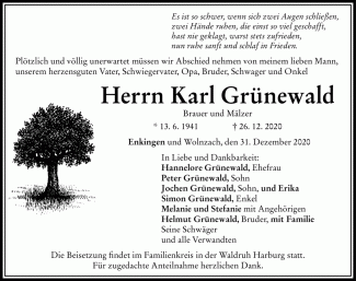 Todesanzeige Karl Grünewald