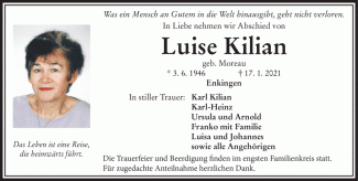 Todesanzeige Luise Kilian