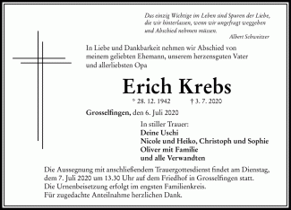 Todesanzeige Erich Krebs
