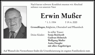 Todesanzeige Erwin Mußer