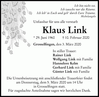 Todesanzeige Klaus Link