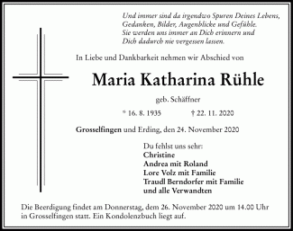 Todesanzeige Maria Katharina Rühle