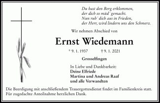 Todesanzeige Ernst Wiedemann