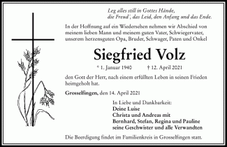 Todesanzeige Siegfried Volz