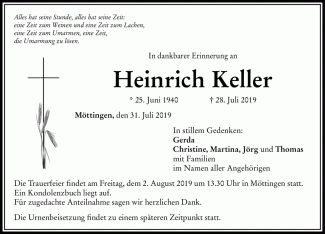 Todesanzeige Heinrich Keller