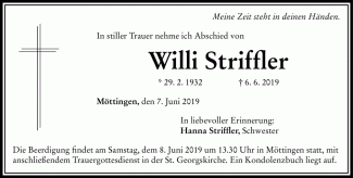 Todesanzeige Willi Striffler