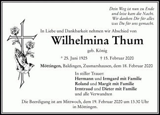 Todesanzeige Wilhelmina Thum