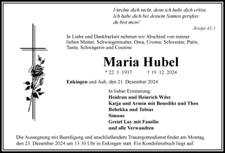 Traueranzeige  RN  Maria Hubel 