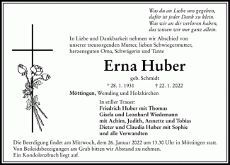Traueranzeige Erna Huber