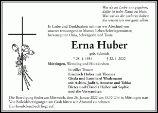 Traueranzeige Erna Huber