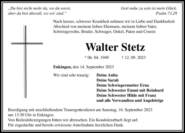 Traueranzeige Walter Stetz  