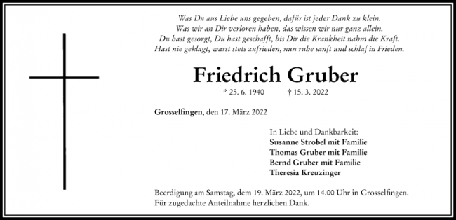 Todesanzeige Friedrich Gruber