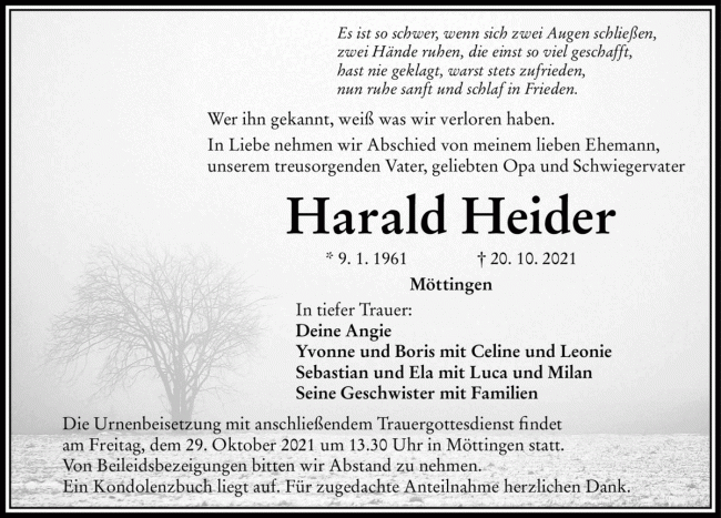 Todesanzeige Harald Heider